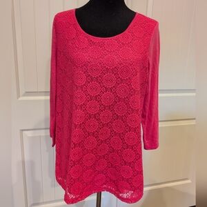 Liz Claiborne Vibrant Pink Crotchet Front 3/4 Sleeve Tee